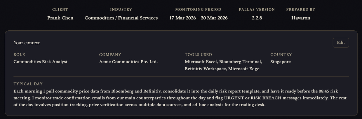 Pallas context card showing AI research on the client's company, industry and role